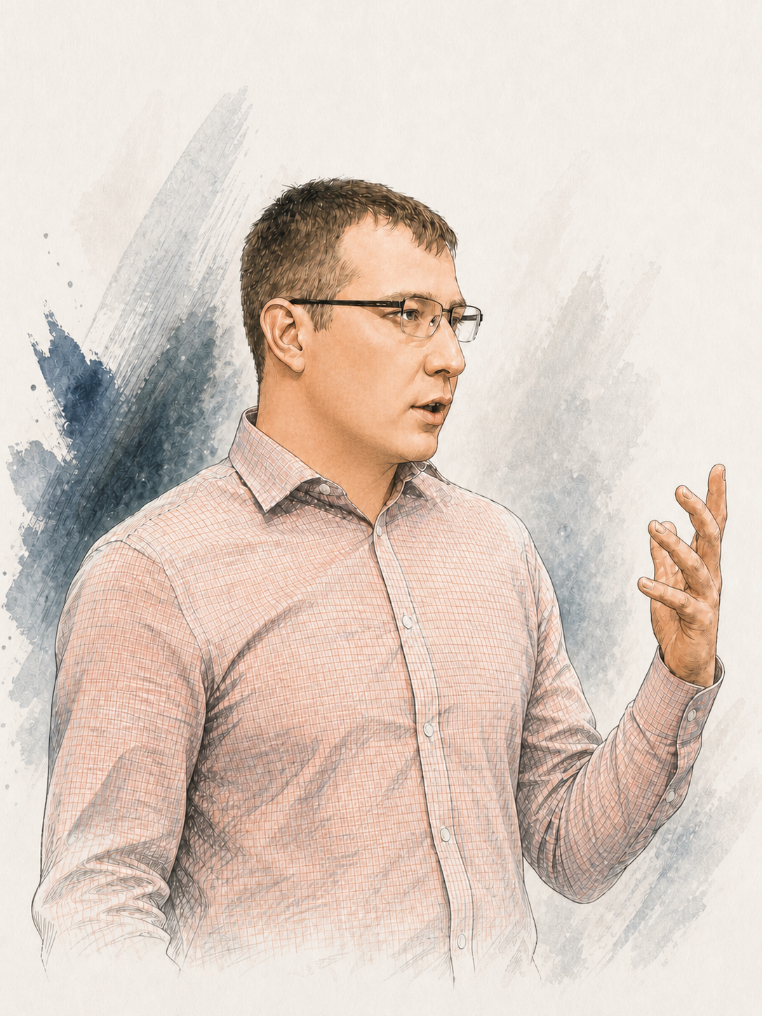 Illustrated portrait of Pavel Avdeyev presenting
